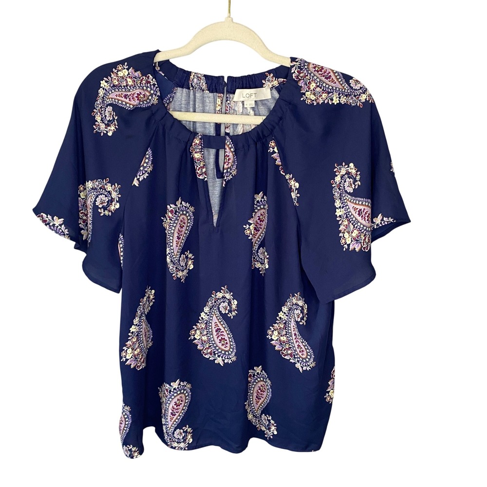 LOFT Navy Blue Paisley Split Neck Flutter Sleeve Blouse Medium